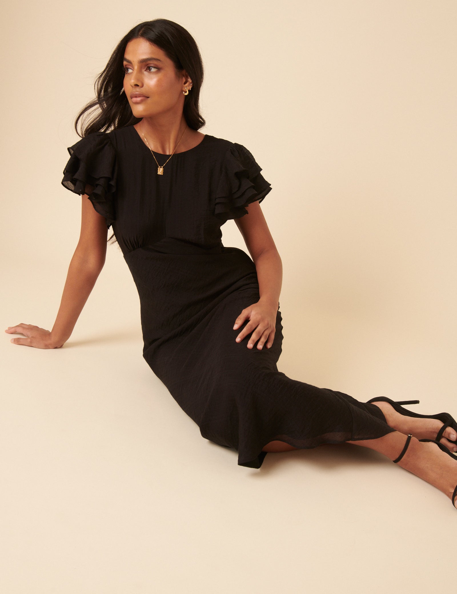 Black Frill Sleeve Lola Midi Dress Black Frill Sleeve Lola Midi Dress