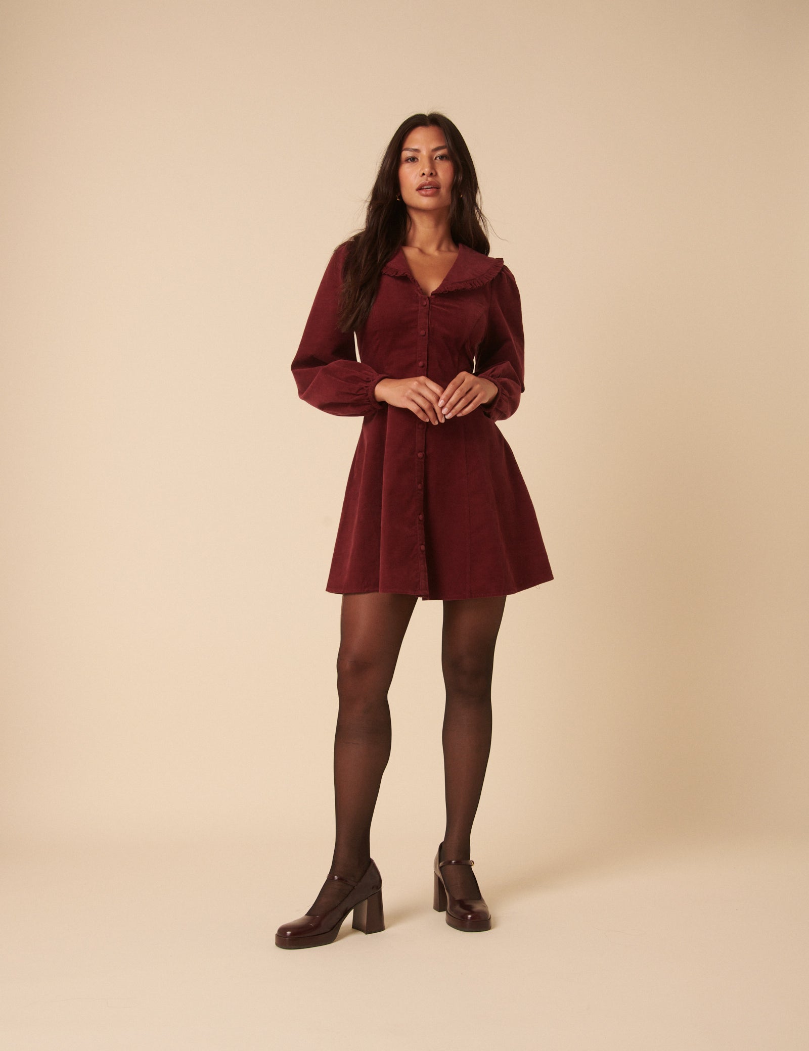 Burgundy Cord Collared Emma Mini Dress Burgundy Cord Collared Emma Mini Dress