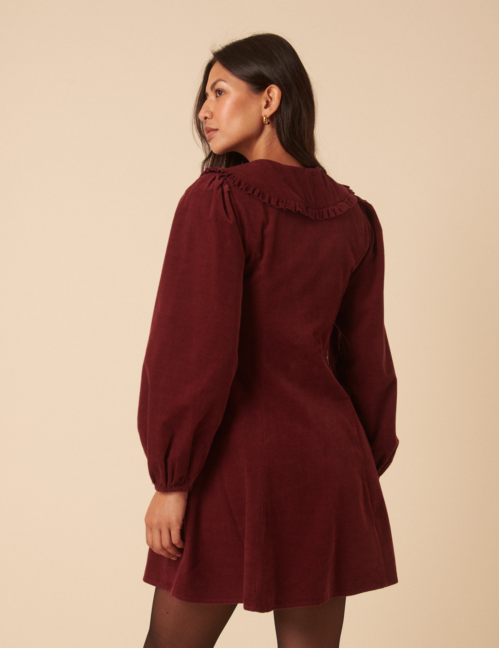 burgundy cord dress Burgundy Cord Collared Balloon Sleeve Emma Mini Dress