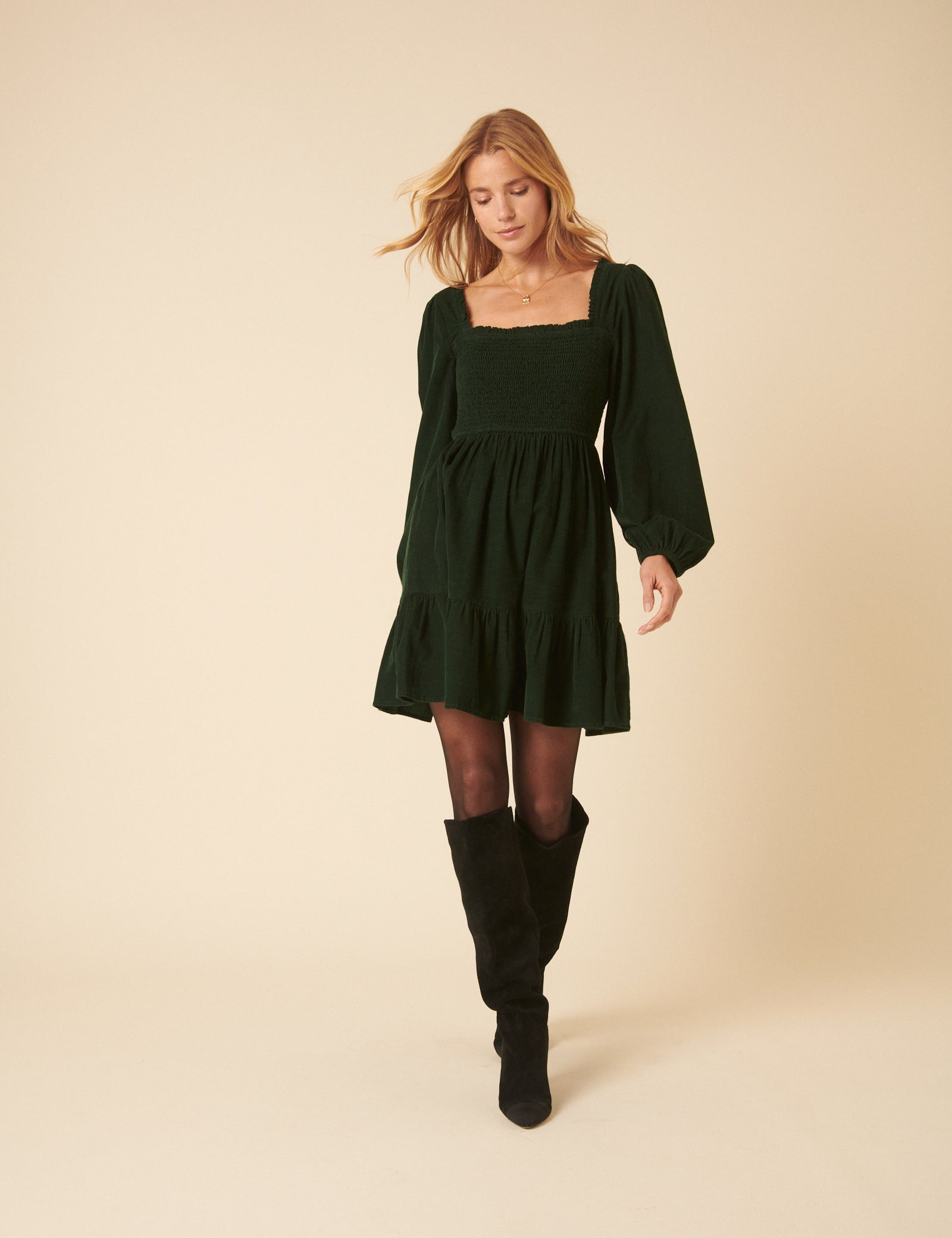 Green Balloon Sleeve Cord Tiered Elsa Mini Dress Green Balloon Sleeve Cord Tiered Elsa Mini Dress