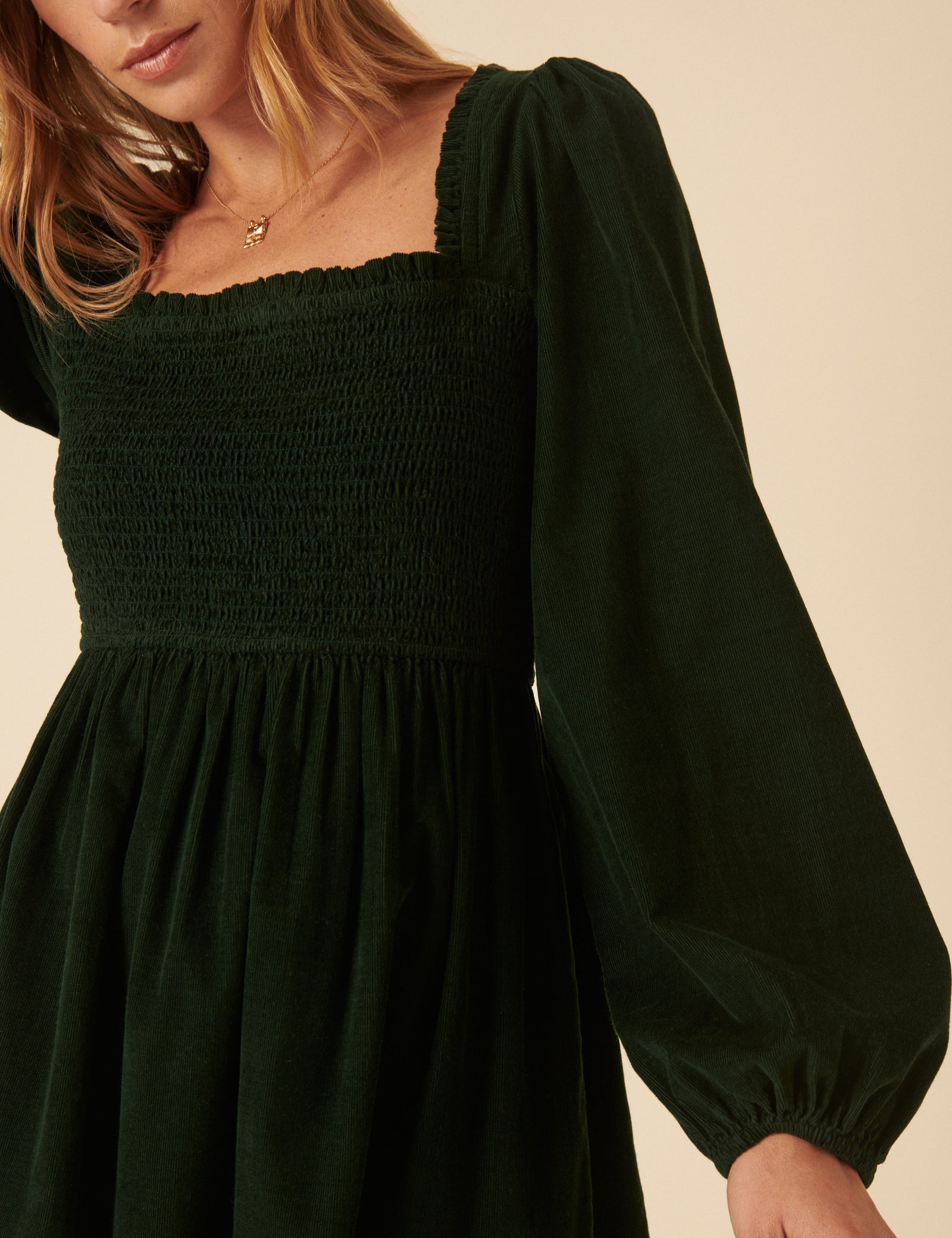 Green Balloon Sleeve Cord Tiered Elsa Mini Dress Green Balloon Sleeve Cord Tiered Elsa Mini Dress