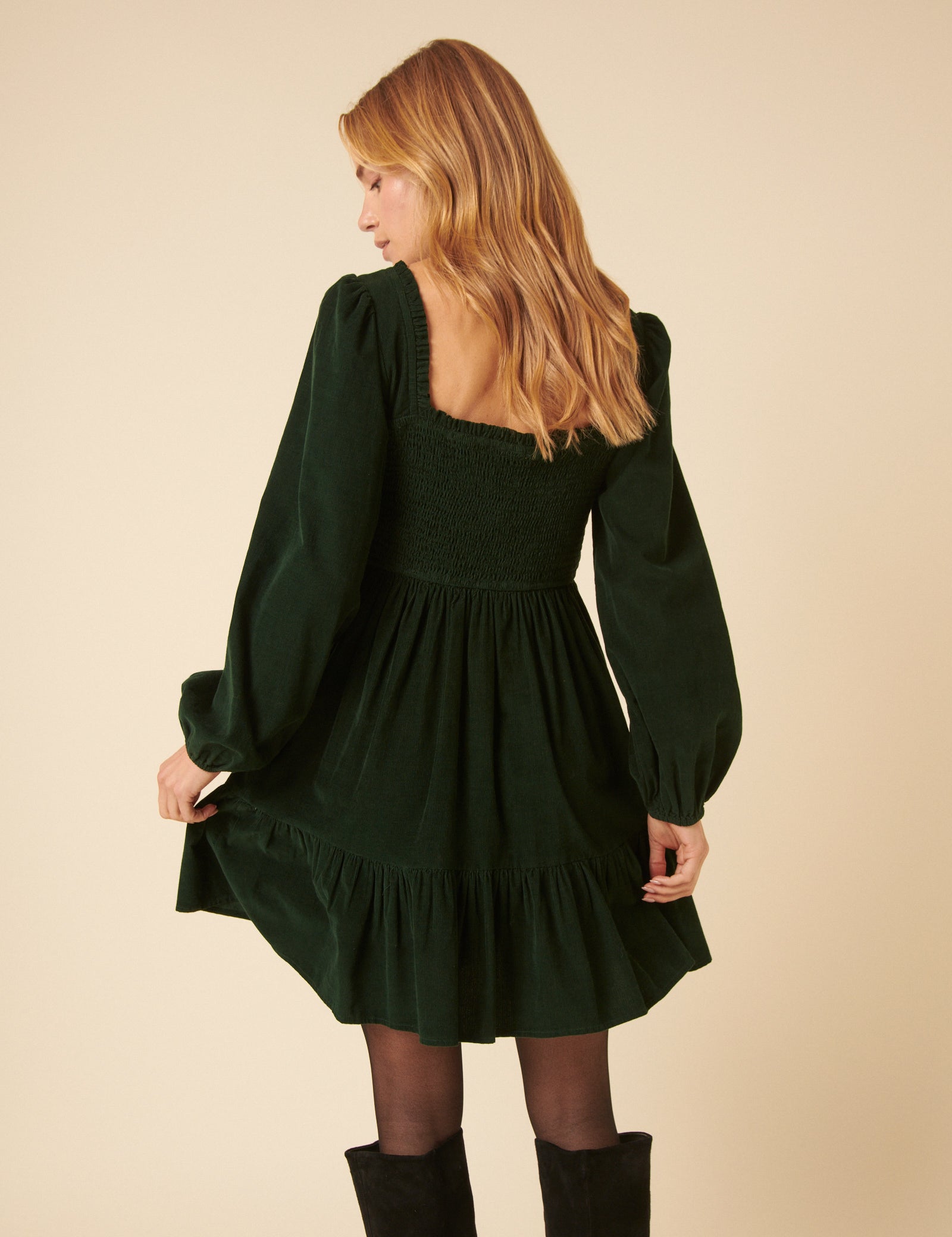 Green Balloon Sleeve Cord Tiered Elsa Mini Dress Green Balloon Sleeve Cord Tiered Elsa Mini Dress