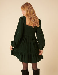 Green Balloon Sleeve Cord Tiered Elsa Mini Dress