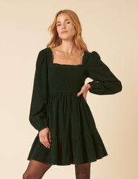 Green Balloon Sleeve Cord Tiered Elsa Mini Dress