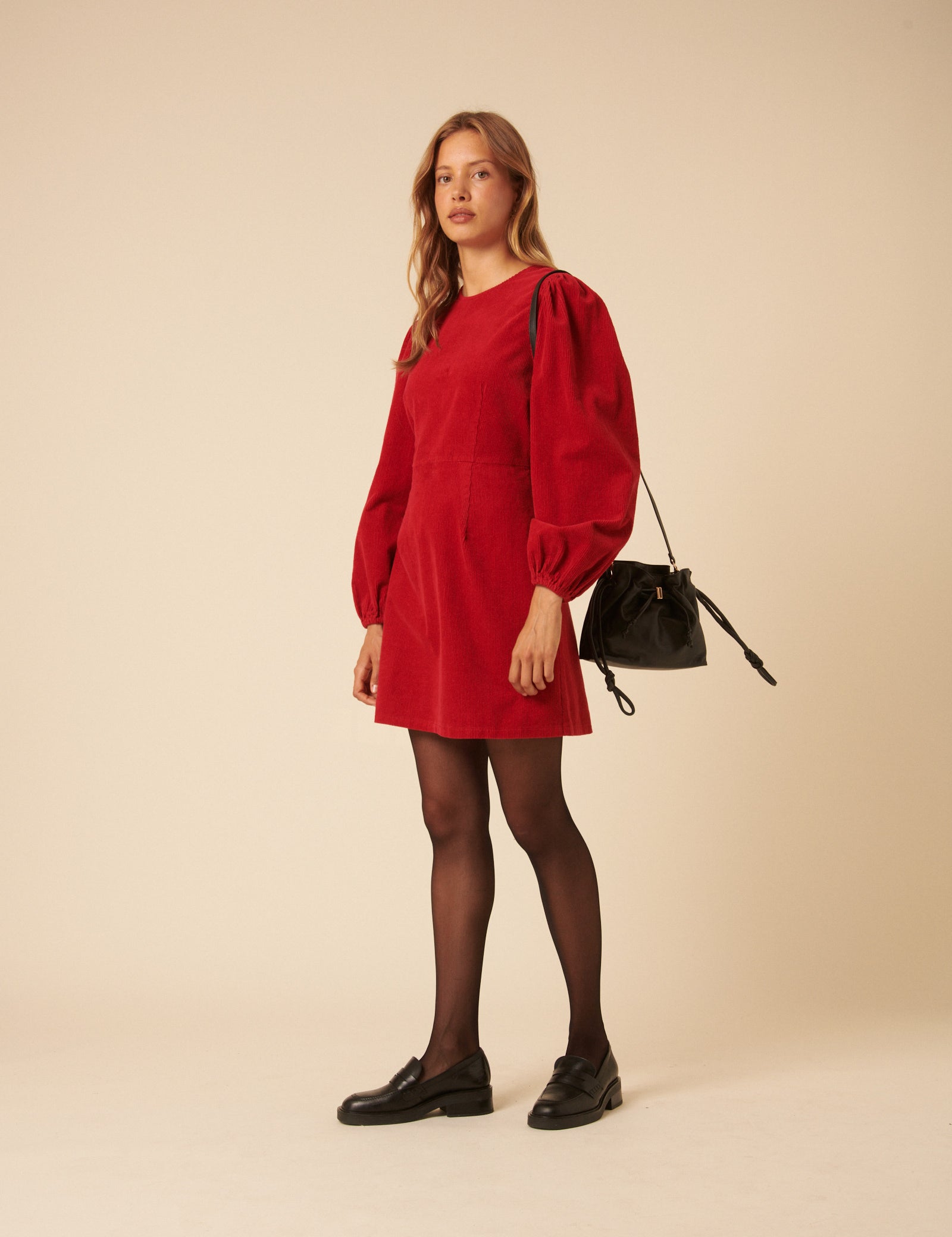 Red Cord Balloon Sleeve Peggy Mini Dress Red Cord Balloon Sleeve Peggy Mini Dress