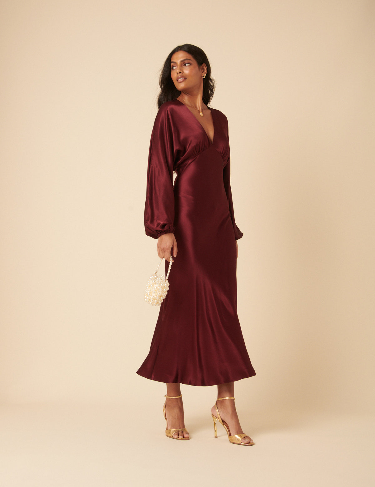 Burgundy V-Neck Long Sleeve Allura Midi Dress