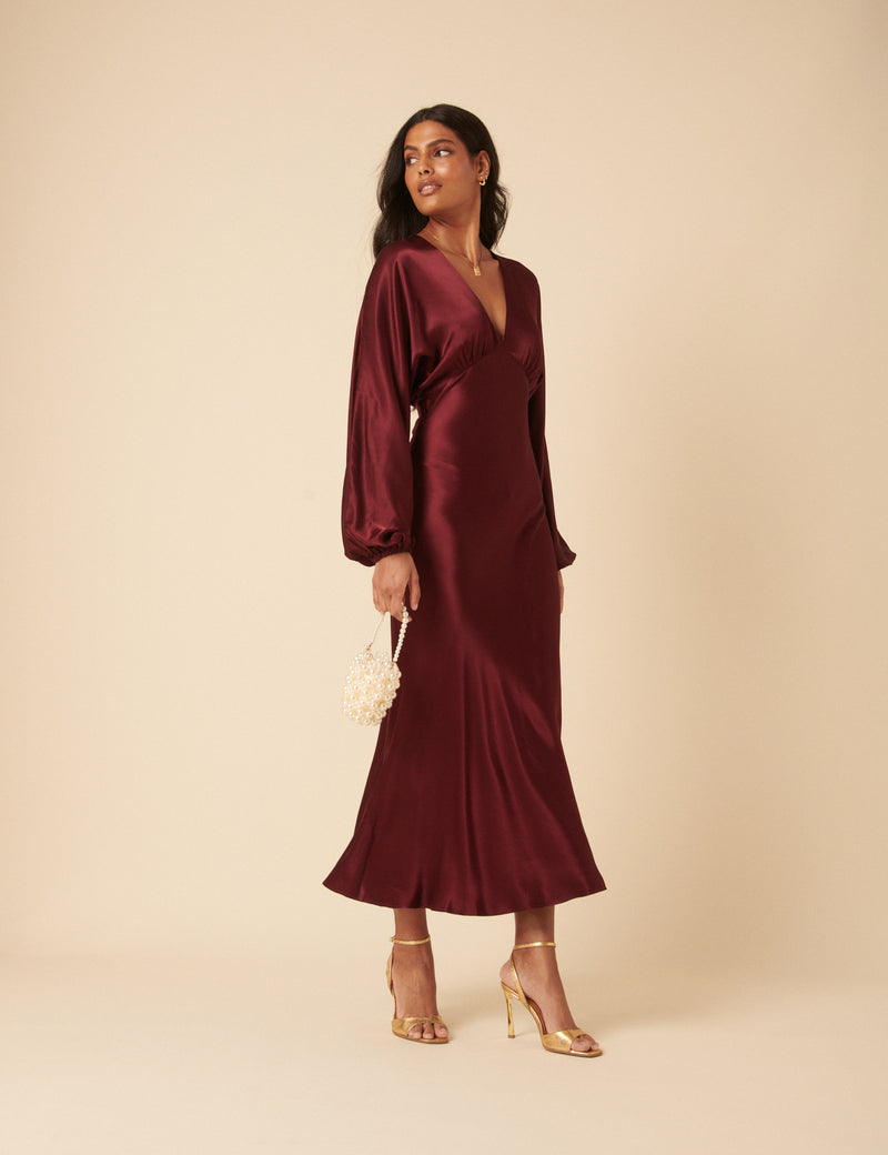 Burgundy V-Neck Long Sleeve Allura Midi Dress
