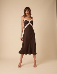 Brown Satin Lace Solene Maxi Dress
