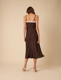 Brown Satin Lace Solene Maxi Dress