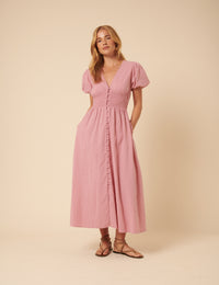 Pink Puff Sleeve Abigail Midi Dress