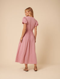 Pink Puff Sleeve Abigail Midi Dress