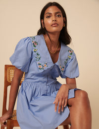 Blue Floral Embroidered Birdie Mini Dress