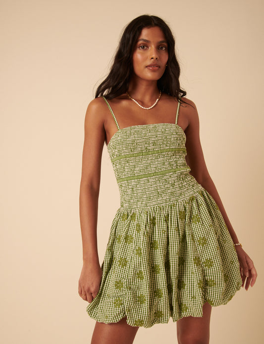 embroidered floral green gingham mini delaney dress Sweet Pea Sage Green Gingham Tie Front Halter Mini Dress L / Sage Green