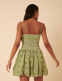 Green Gingham Embroidered Bubble Hem Sofia Mini Dress