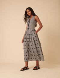Black Gingham Embroidered Luisa Midi Dress