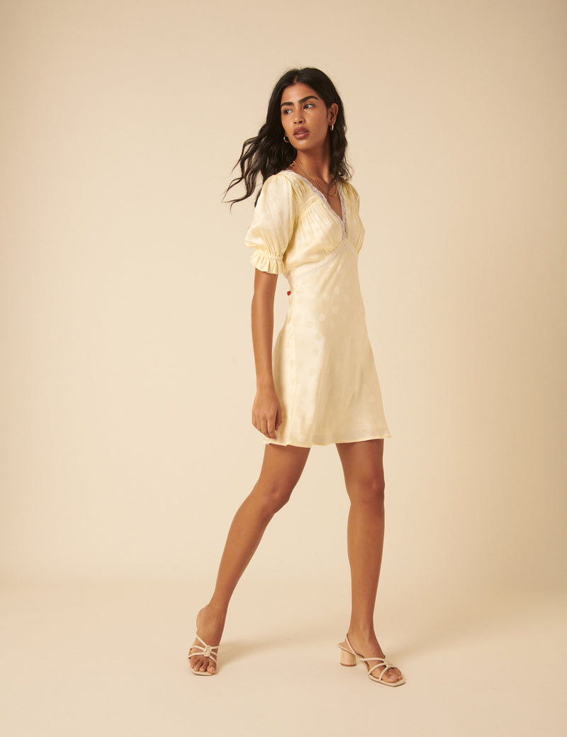 Butter Yellow Polka Dot Jacquard Angela Mini Dress