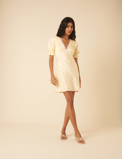 Butter Yellow Polka Dot Jacquard Angela Mini Dress