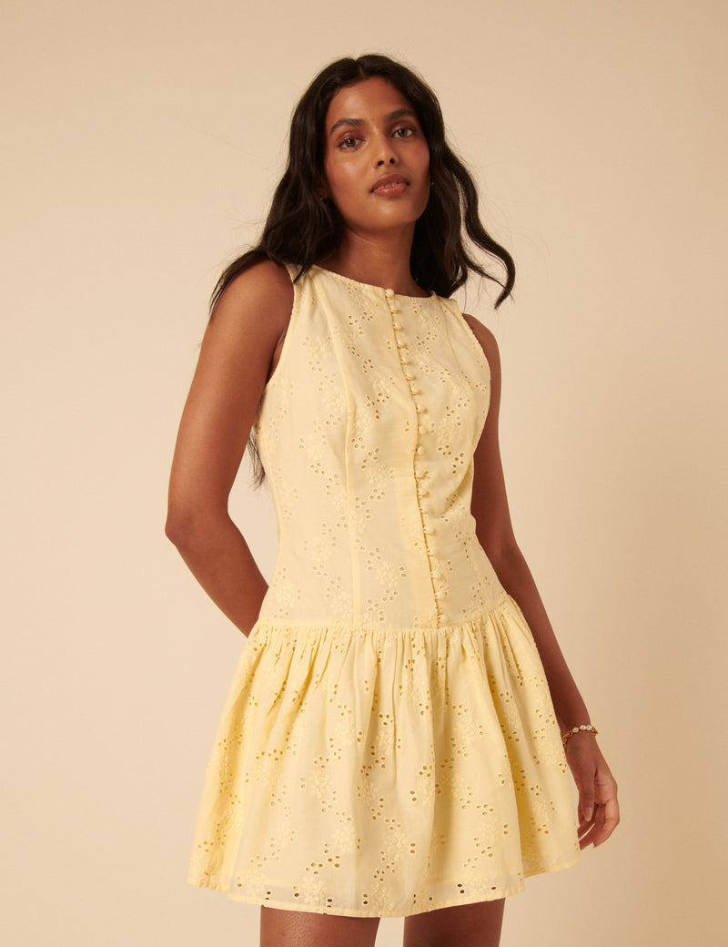 Butter Yellow Broderie Anglaise Claudia Mini Dress