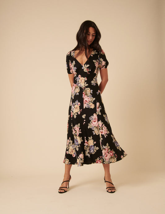Black Floral Ella Midi Dress