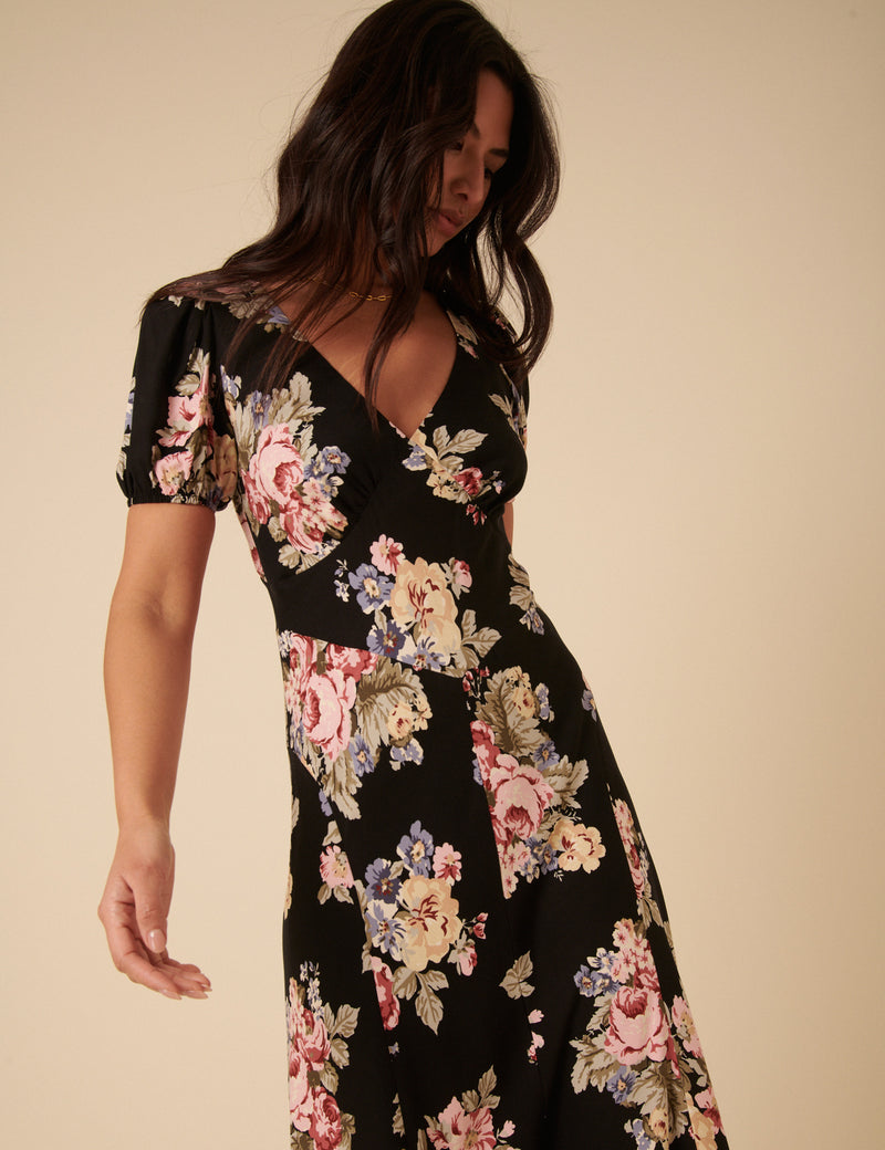 Black Floral Ella Midi Dress