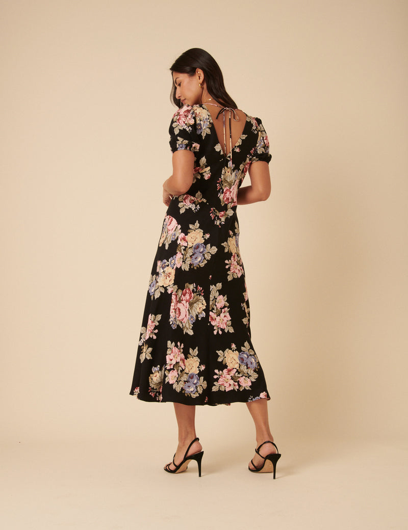 Black Floral Ella Midi Dress
