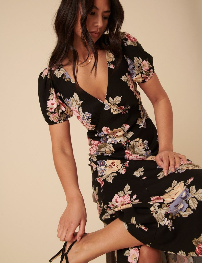 a new day black floral dress A New Day Women's Plus 1X Black Multicolor Floral Maxi Dress Puff Short Sleeve