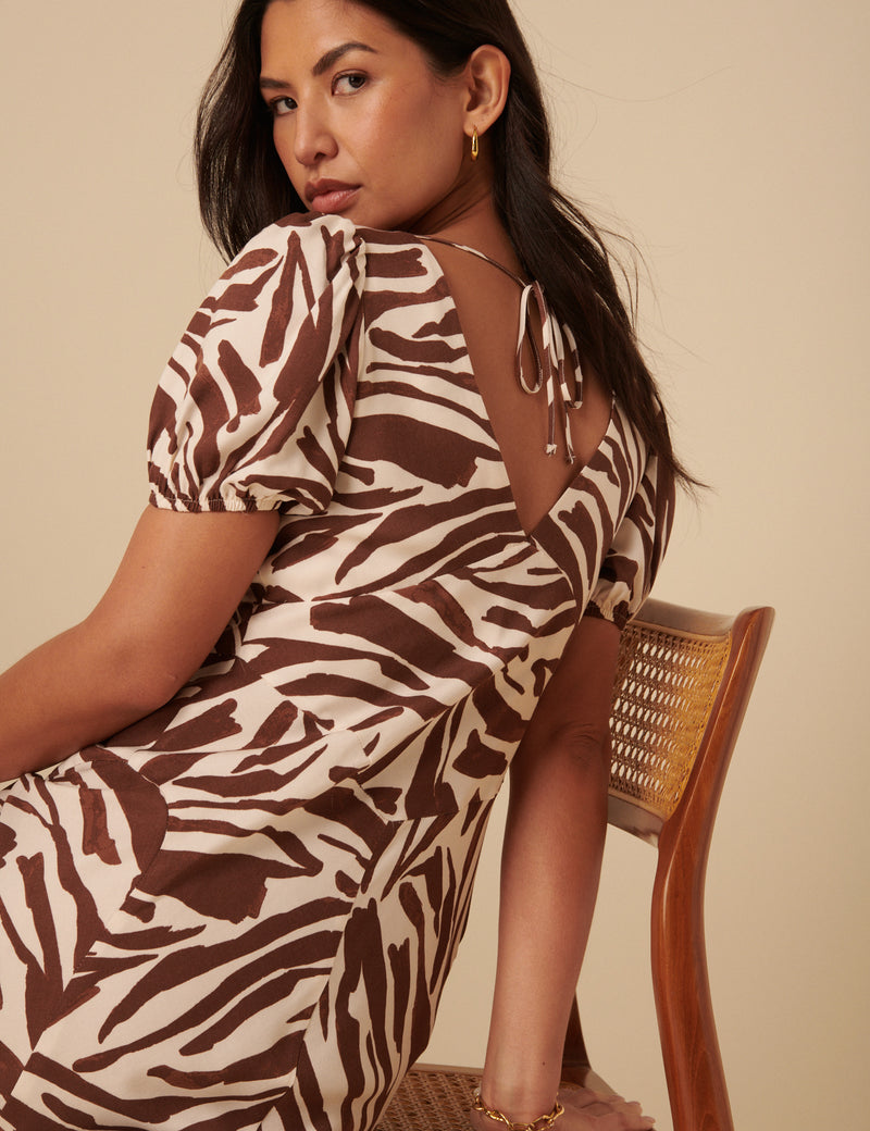 Brown Zebra Print Puff Sleeve Ella Midi Dress