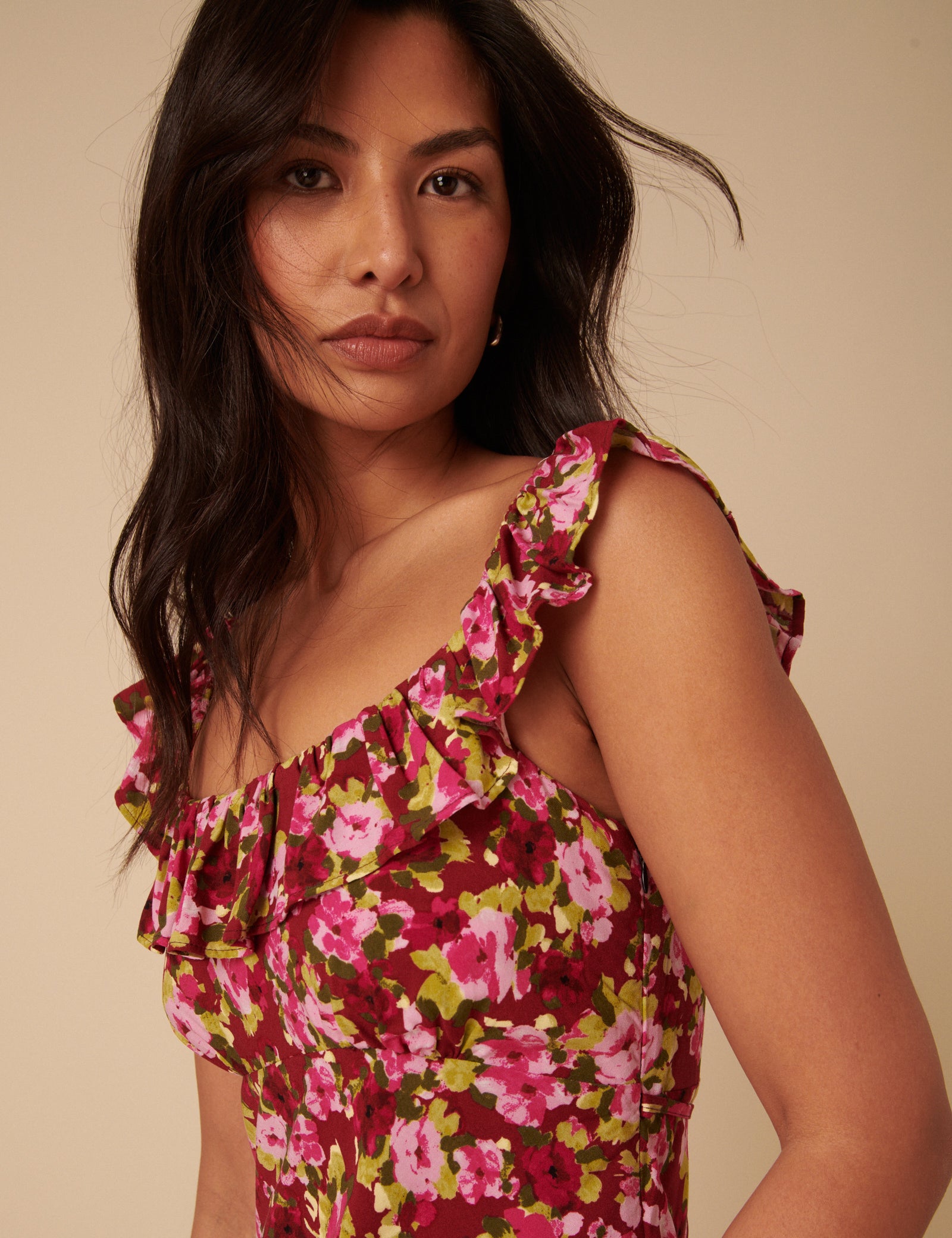 Red And Pink Floral Ruffle Trim Libby Midi Dress Red And Pink Floral Ruffle Trim Libby Midi Dress