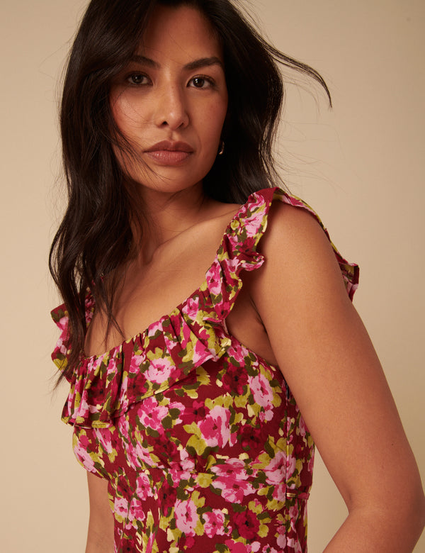 Red And Pink Floral Libby Midi Dress