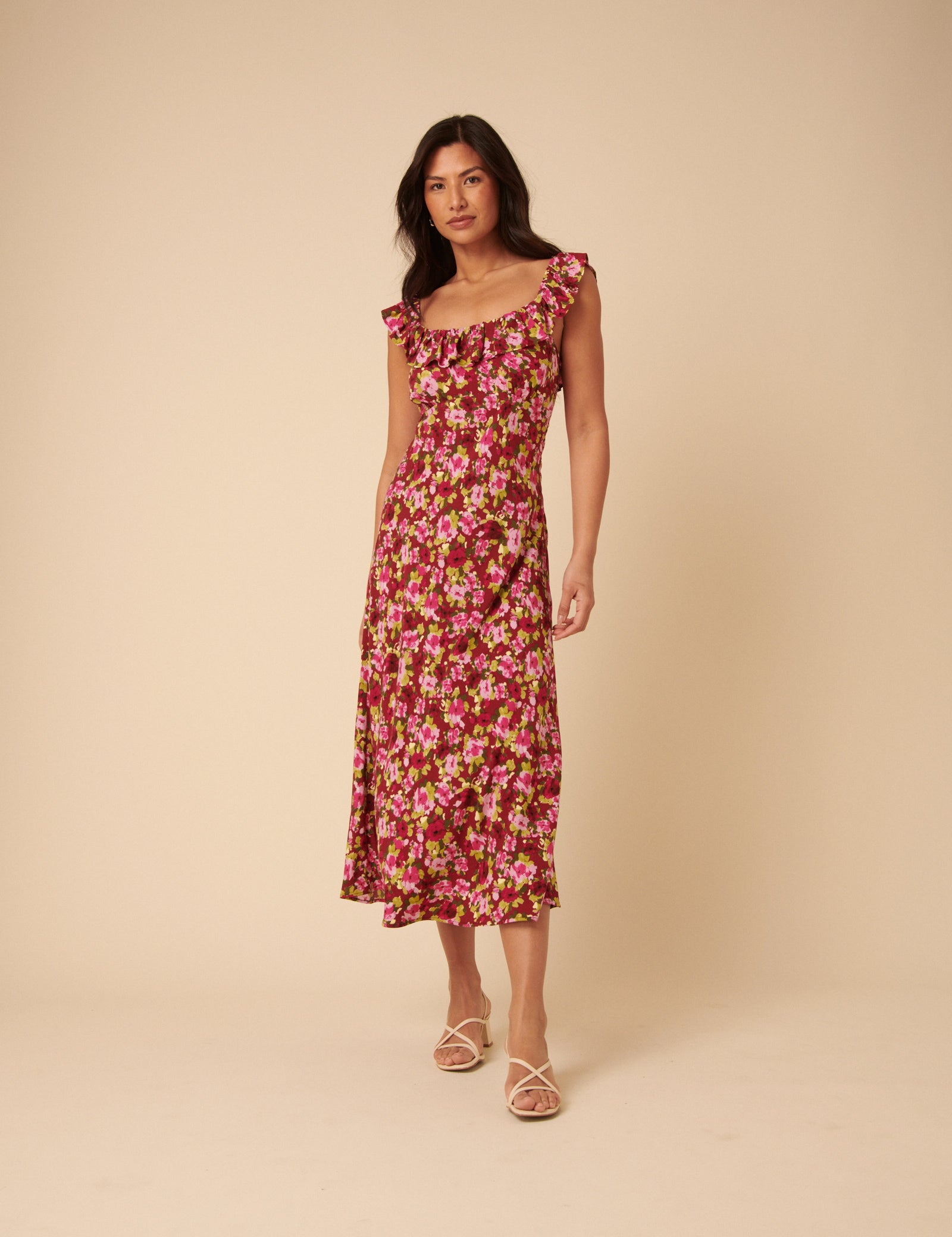 Red And Pink Floral Ruffle Trim Libby Midi Dress Red And Pink Floral Ruffle Trim Libby Midi Dress