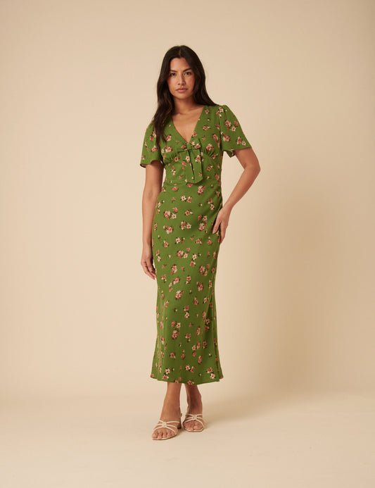 graphic ribbon floral print midi dress Green Floral Bow Front Faith Midi Dress
