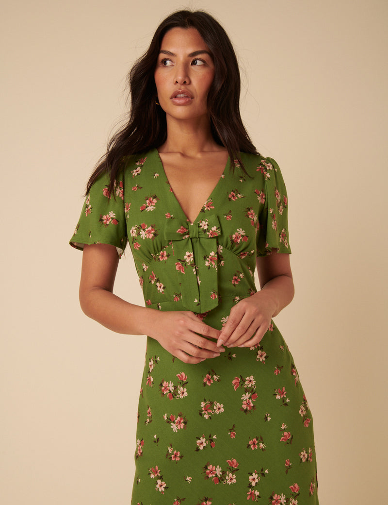 Green Floral Bow Front Faith Midi Dress