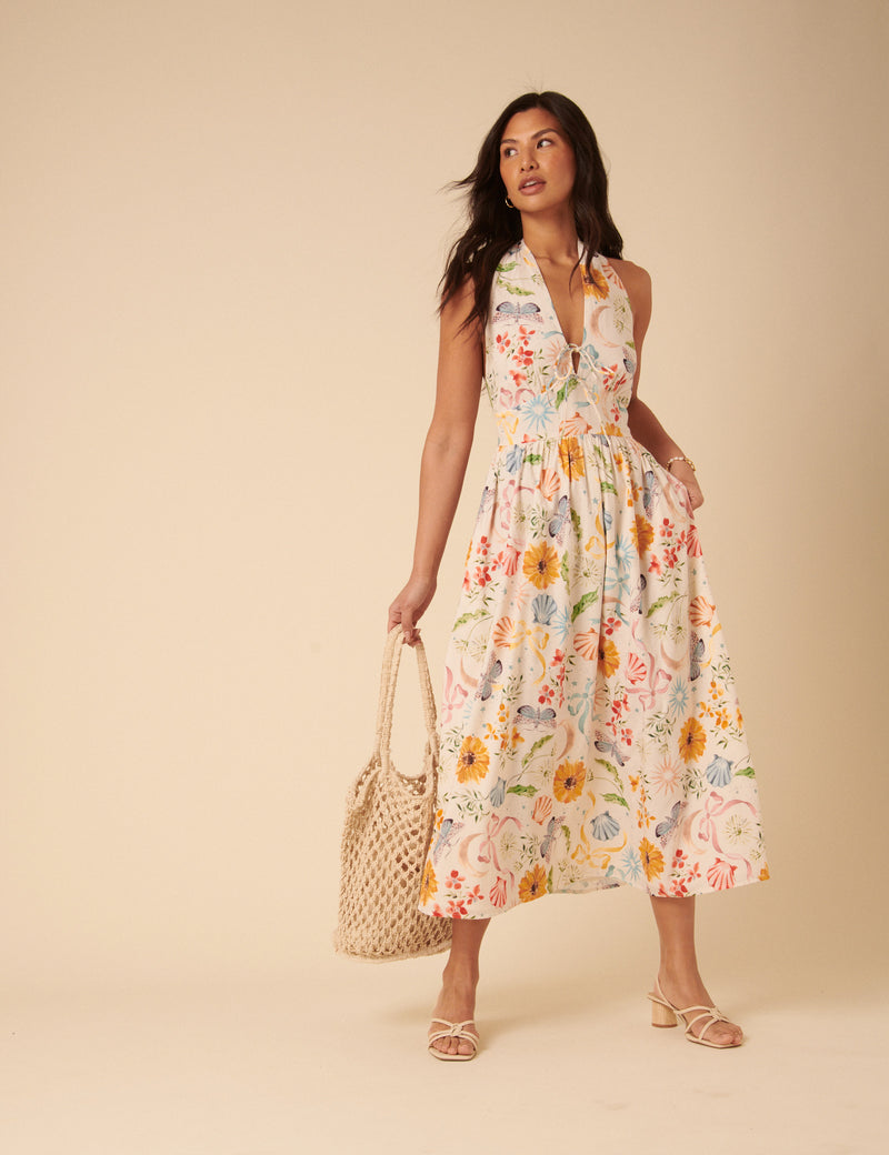 White Floral Halterneck Lilliana Midi Dress