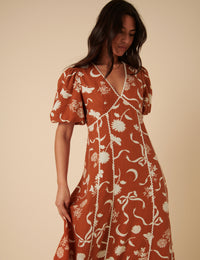 Brown Printed Linen-blend Lucy Midi Dress