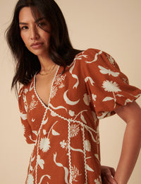 Brown Printed Linen-blend Lucy Midi Dress