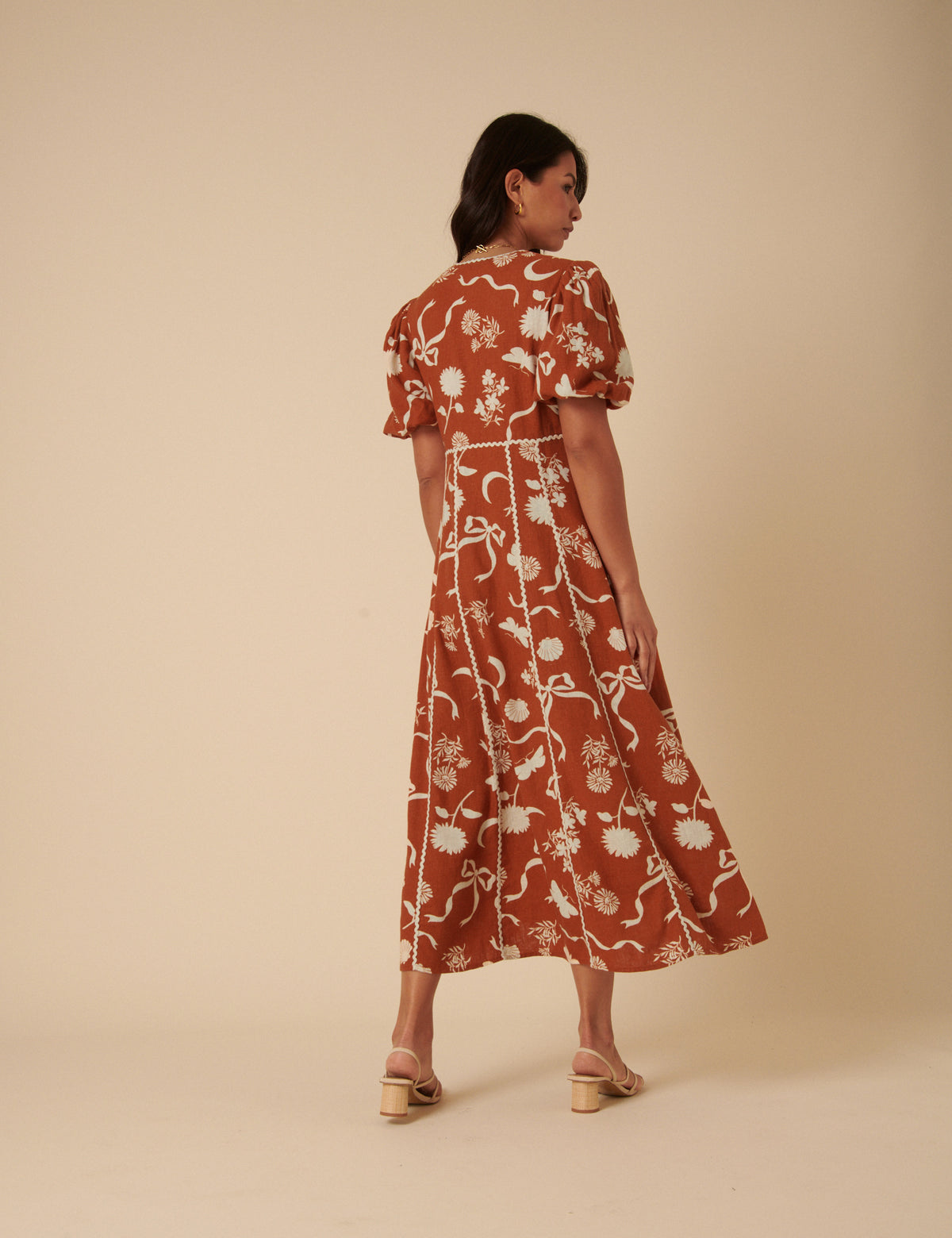 Burnt Orange Printed Linen-Blend Lucy Midi Dress