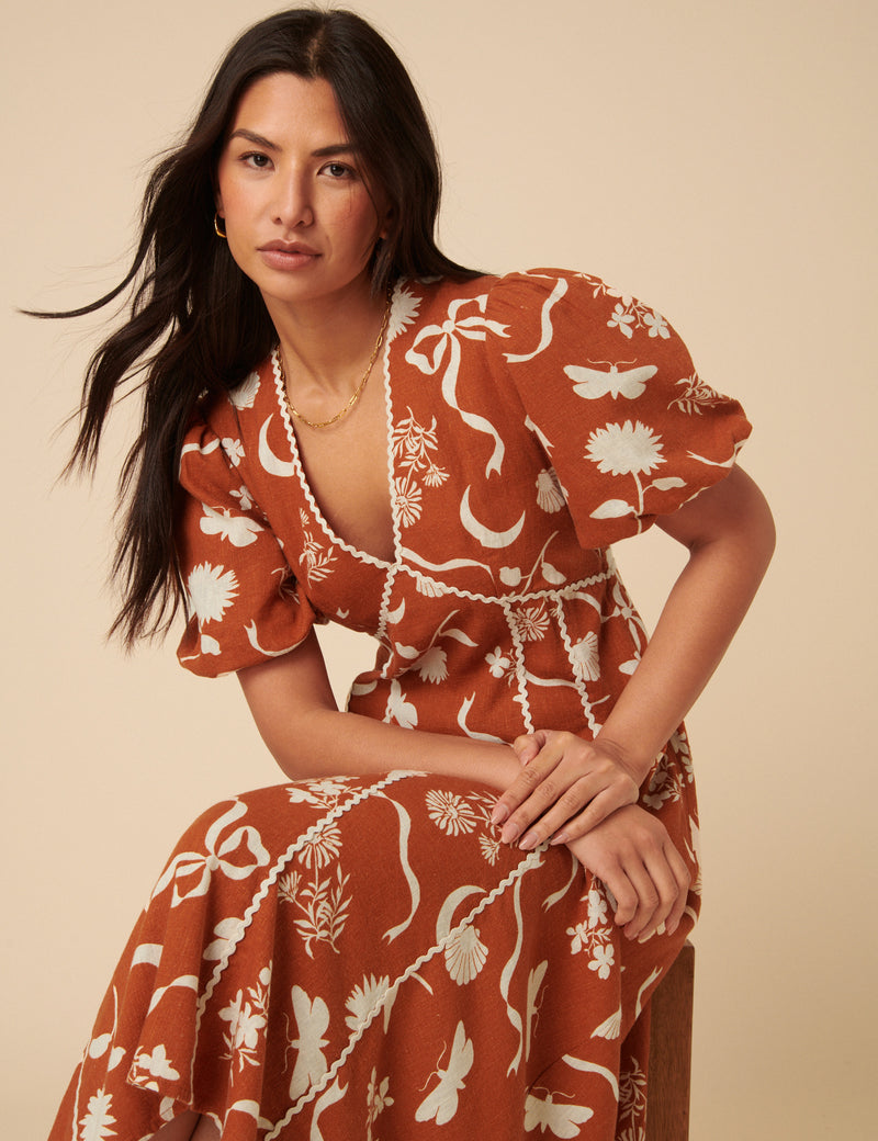 Burnt Orange Printed Linen-Blend Lucy Midi Dress