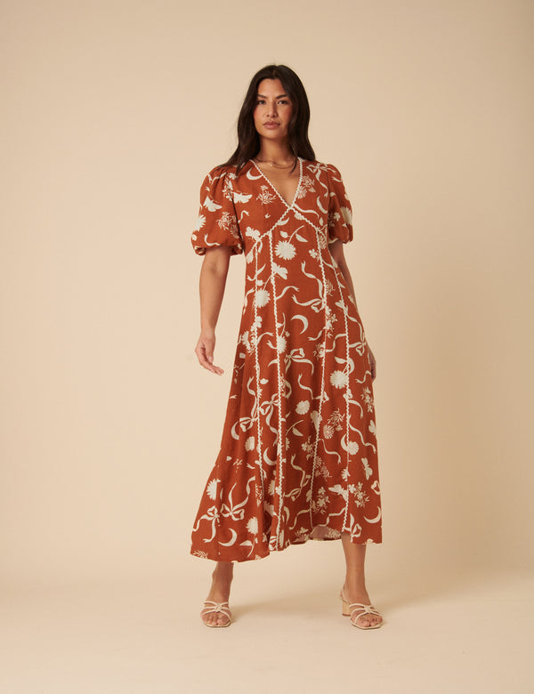 Brown Printed Linen-blend Lucy Midi Dress