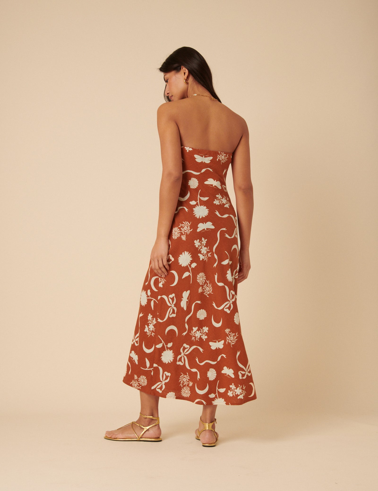 Brown Printed Linen-Blend Bandeau Evie Midi Dress