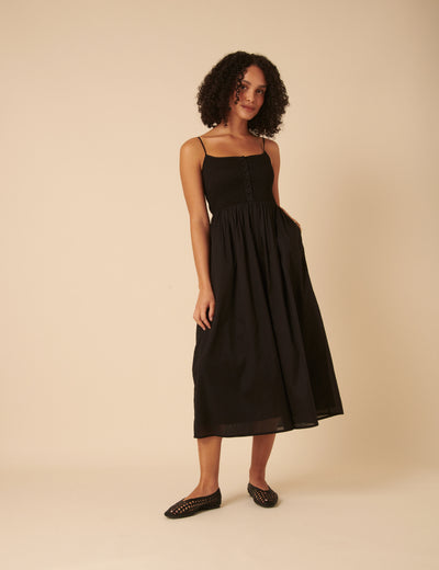 Black Ruched Bodice Tamara Midi Dress