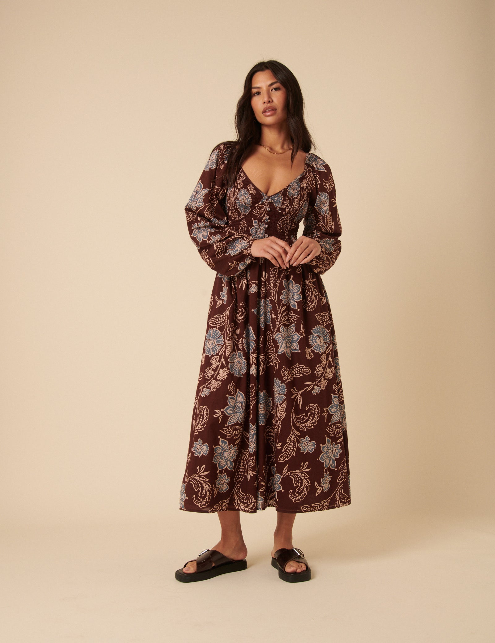Brown Paisley Print Long Sleeve Amaya Midi Dress