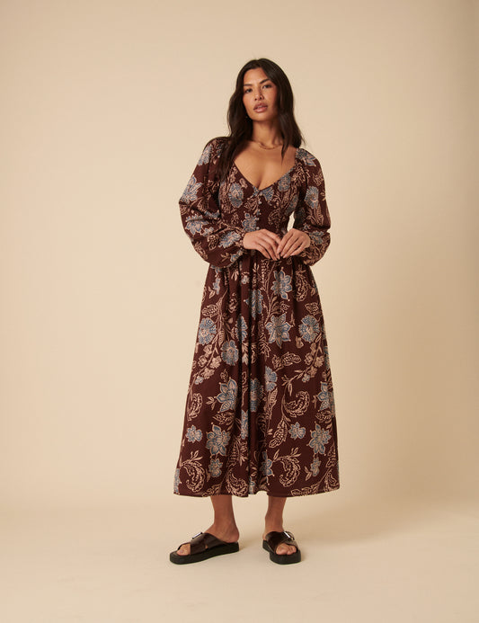 brown paisley dress Brown Paisley Print Long Sleeve Amaya Midi Dress