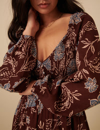 Brown Paisley Print Long Sleeve Amaya Midi Dress