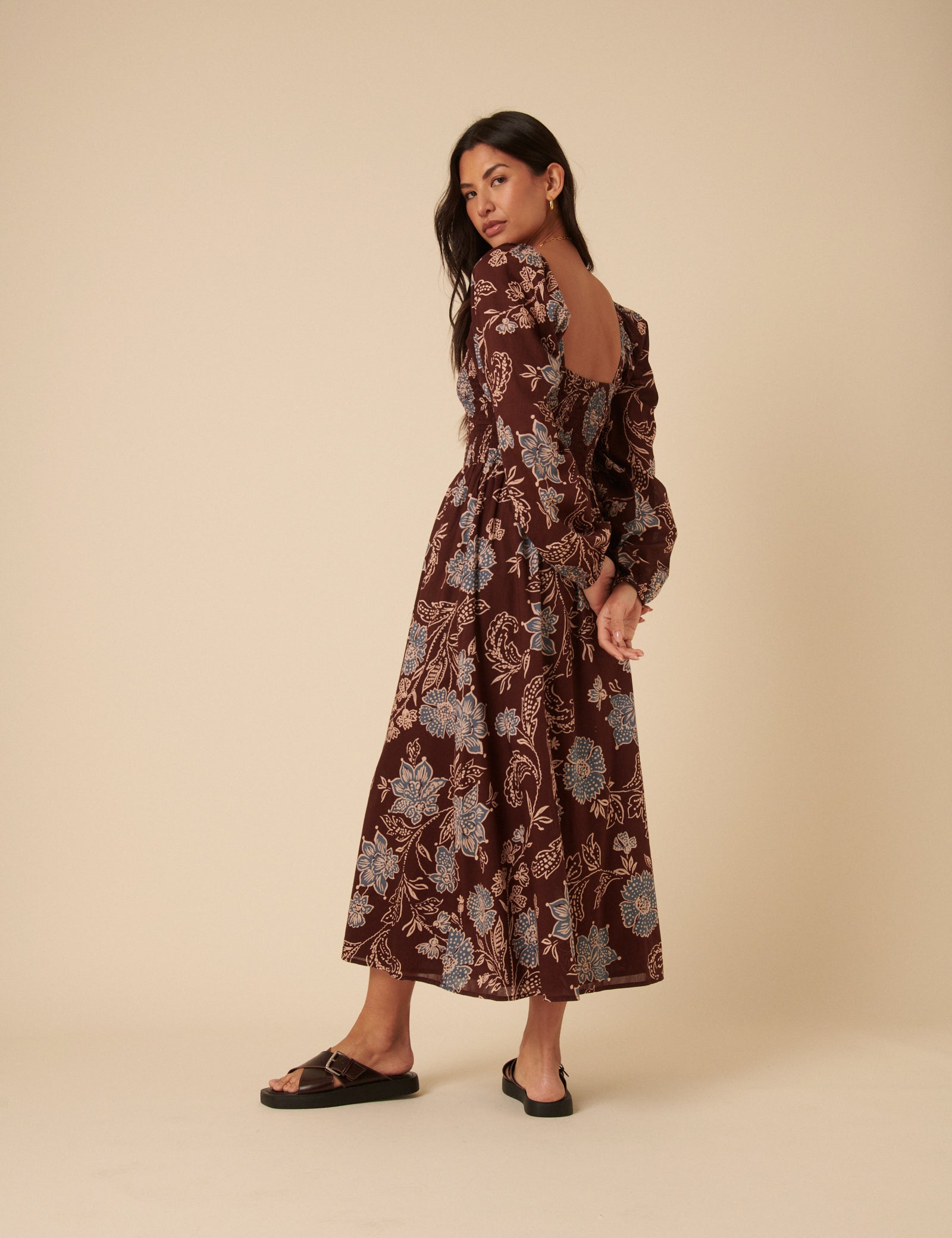 Brown Paisley Print Long Sleeve Amaya Midi Dress