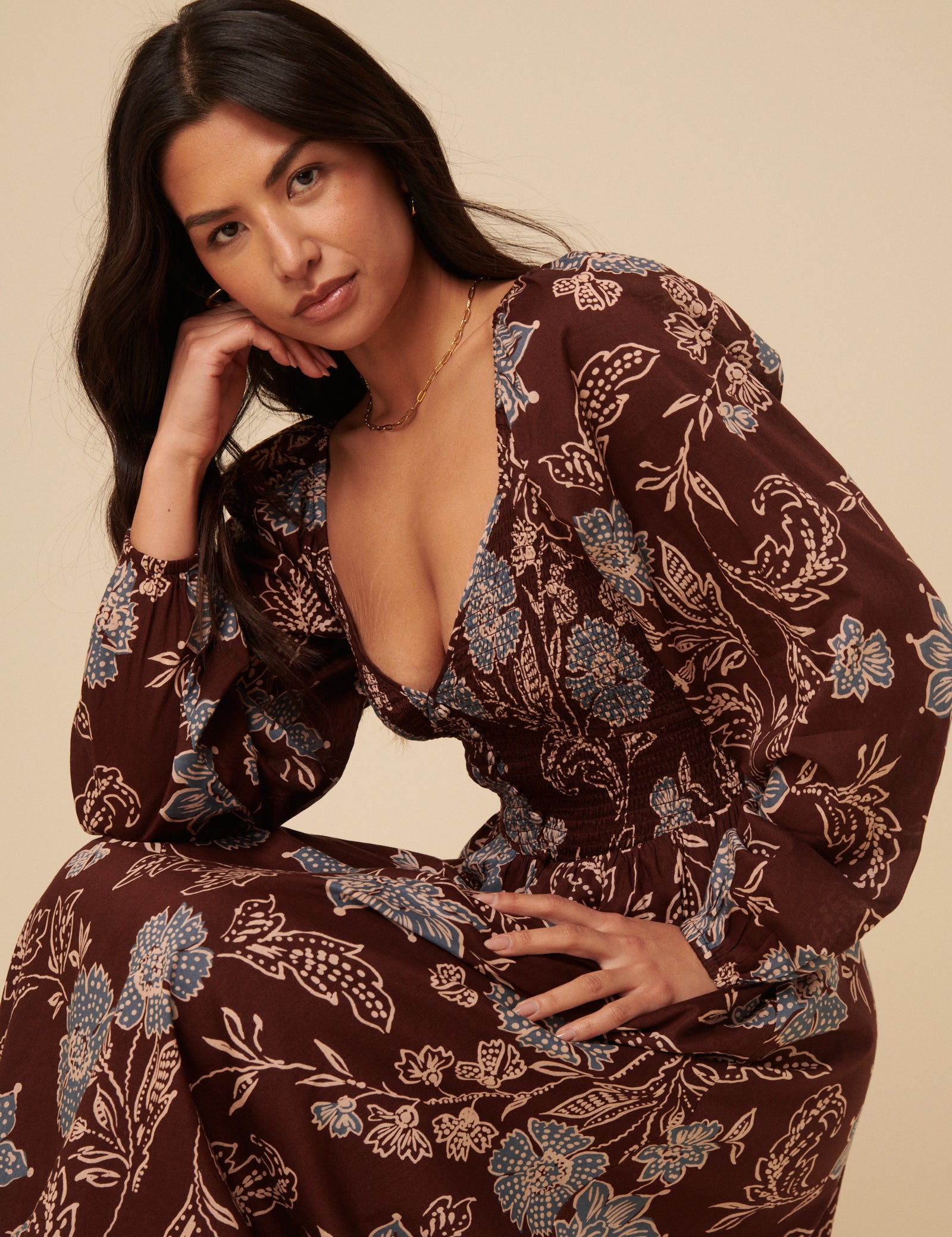 Brown Paisley Print Long Sleeve Amaya Midi Dress Brown Paisley Print Long Sleeve Amaya Midi Dress