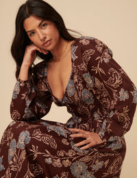 Brown Paisley Print Long Sleeve Amaya Midi Dress