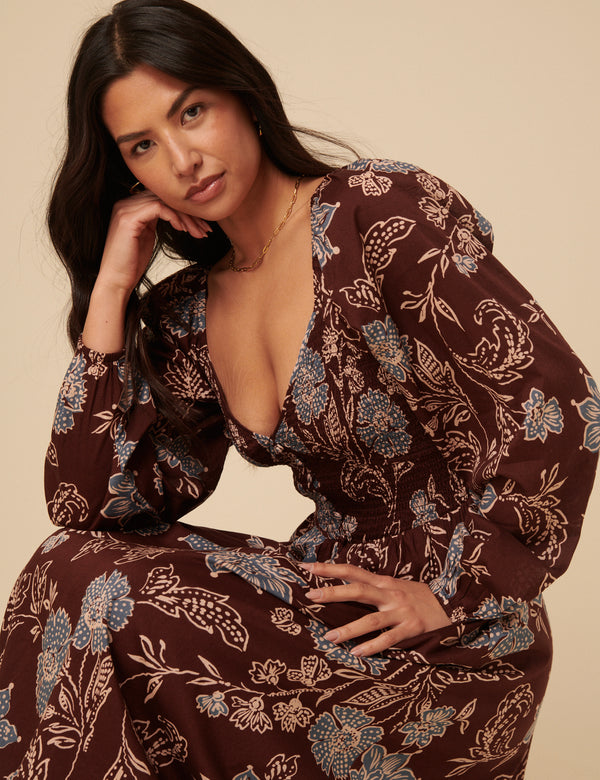 Brown Paisley Print Long Sleeve Amaya Midi Dress