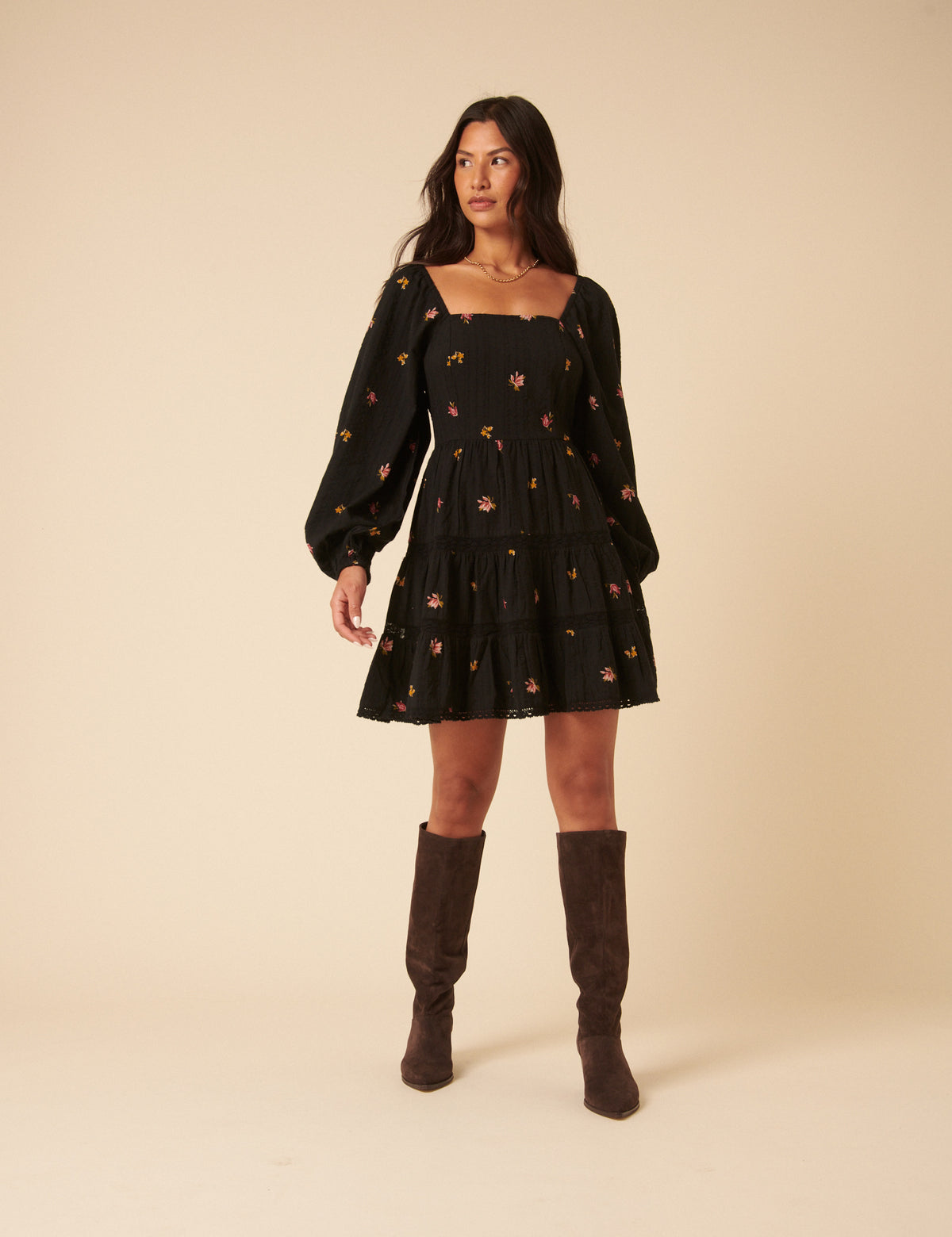 Black Floral Tiered Whitley Mini Dress