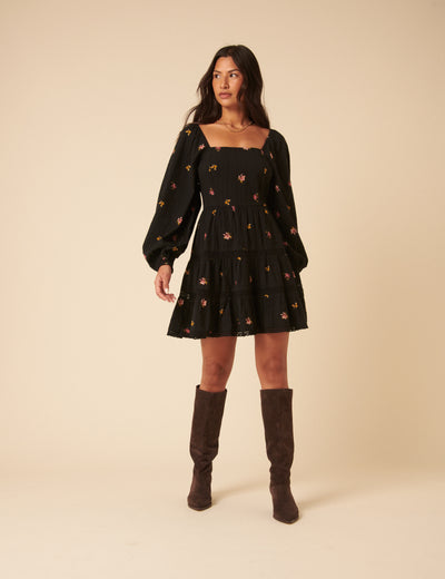 Black Floral Tiered Whitley Mini Dress