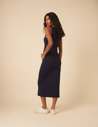 Navy Ribbed Scoop Neck Midi Dress
